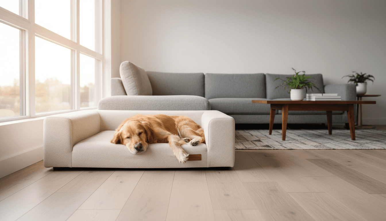 Happy dog relaxing on a cozy sofa in a warm home interior