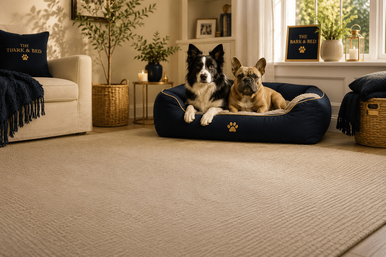 Border Collie and French Bulldog resting in navy blue dog bed in a sunlit room.