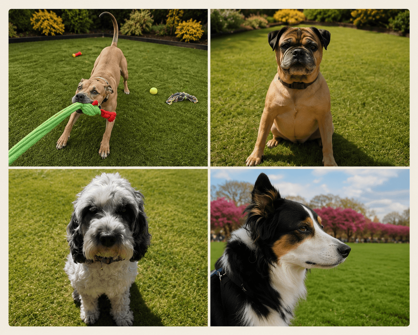 Four-panel collage of various dogs sitting and playing on green grass in outdoor settings.