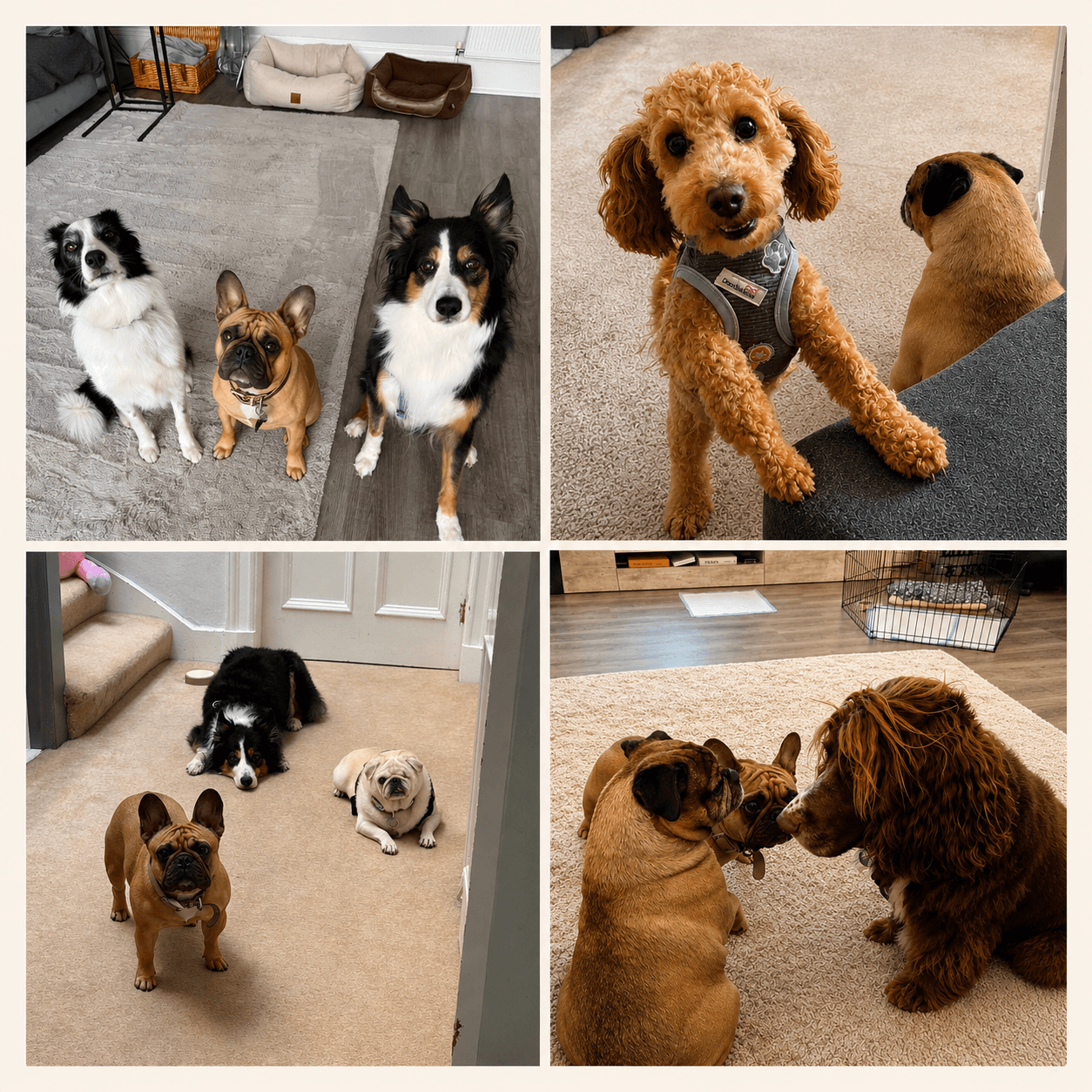 Collage of four photos featuring various dogs, including pugs and collies, in indoor home settings.