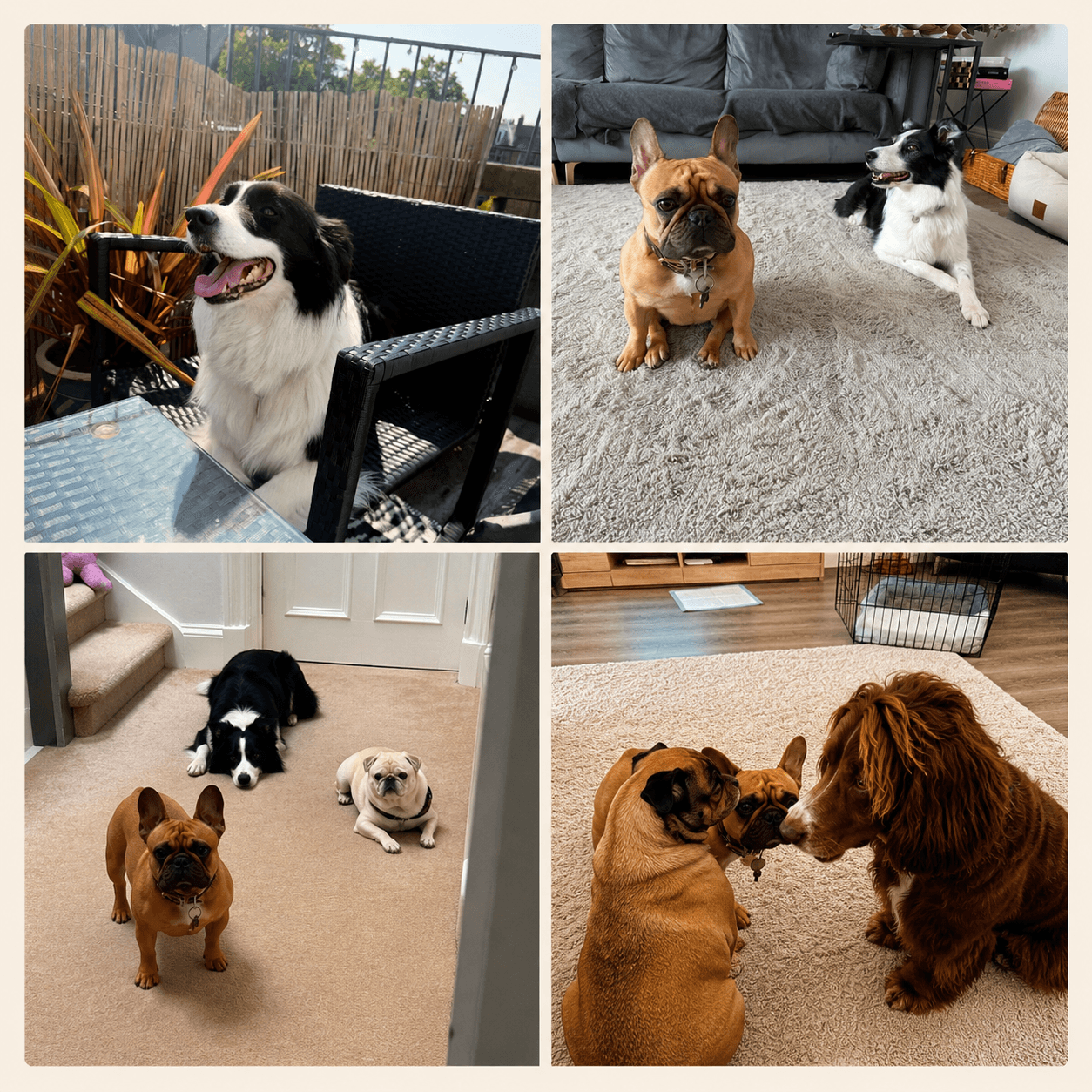 Four-panel collage featuring a Border Collie, French Bulldogs, a Pug, and a brown spaniel.