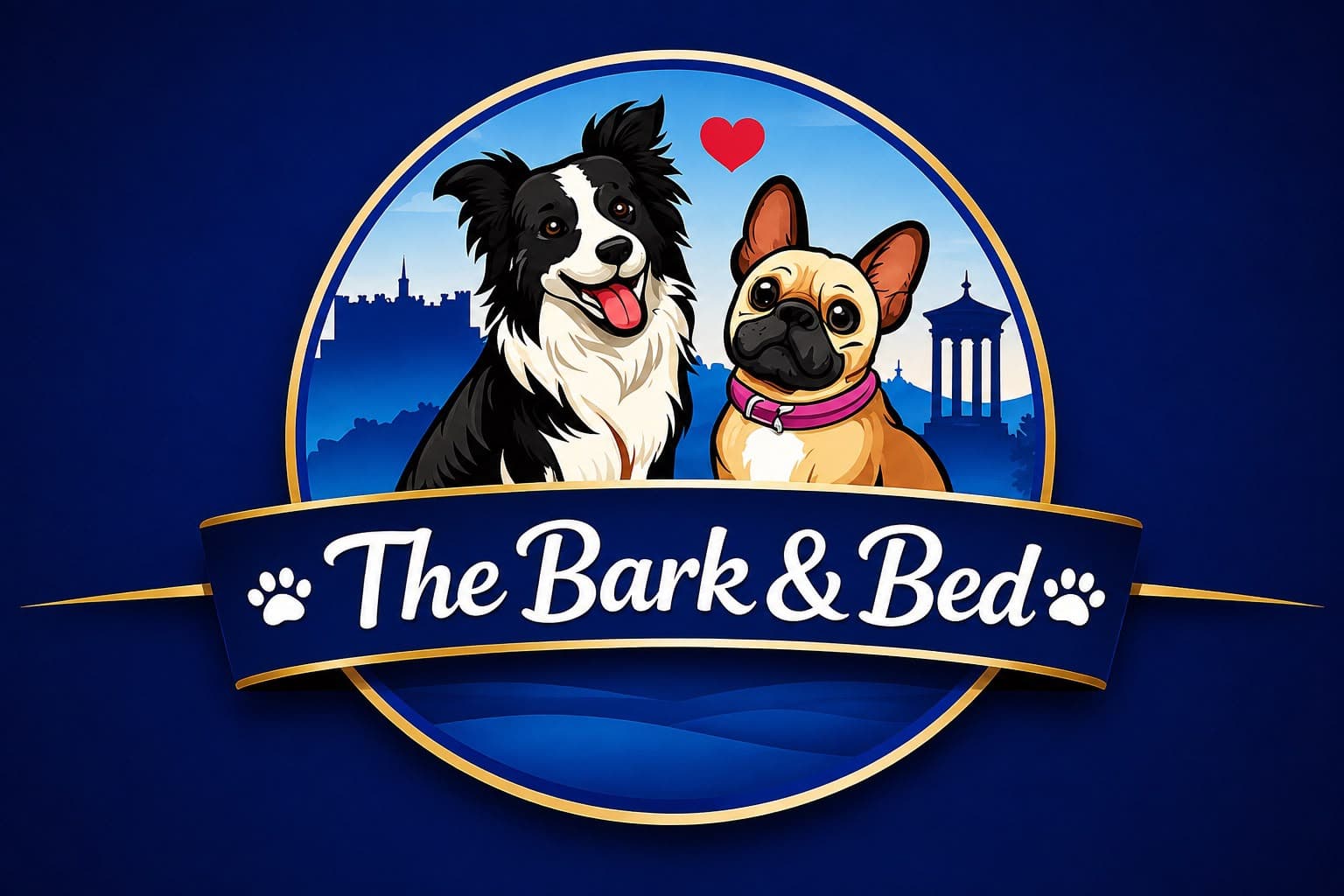 The Bark & Bed logo featuring a Border Collie and French Bulldog against a cityscape.